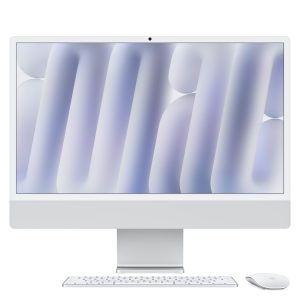 Silver 24-inch iMac with Retina 4.5K display, M4 chip, front view with matching keyboard and mouse - Macpoint Technologies